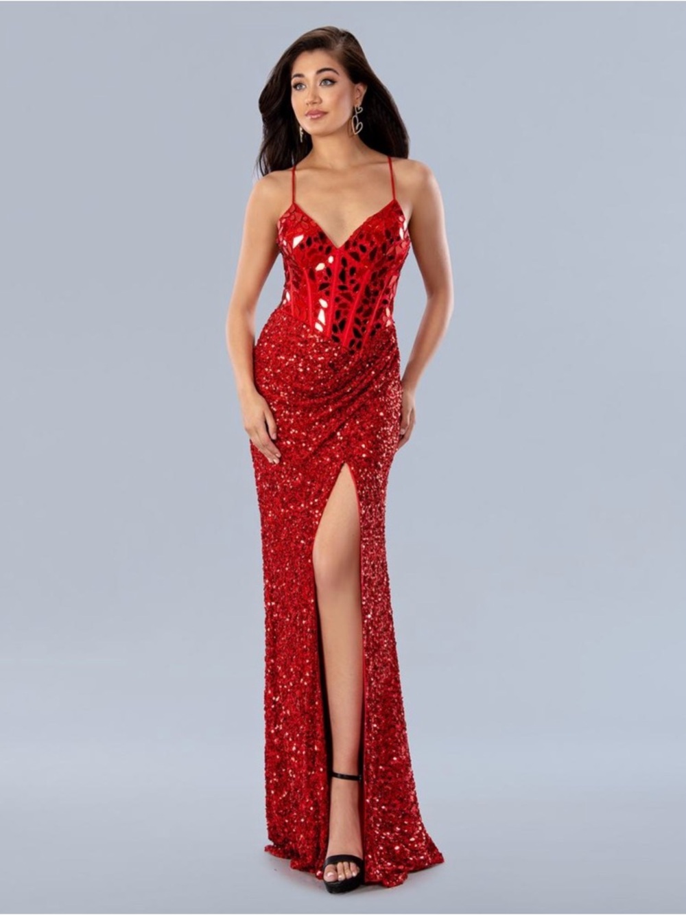 Glamorous Red Sequin Corset Slit Prom Dress